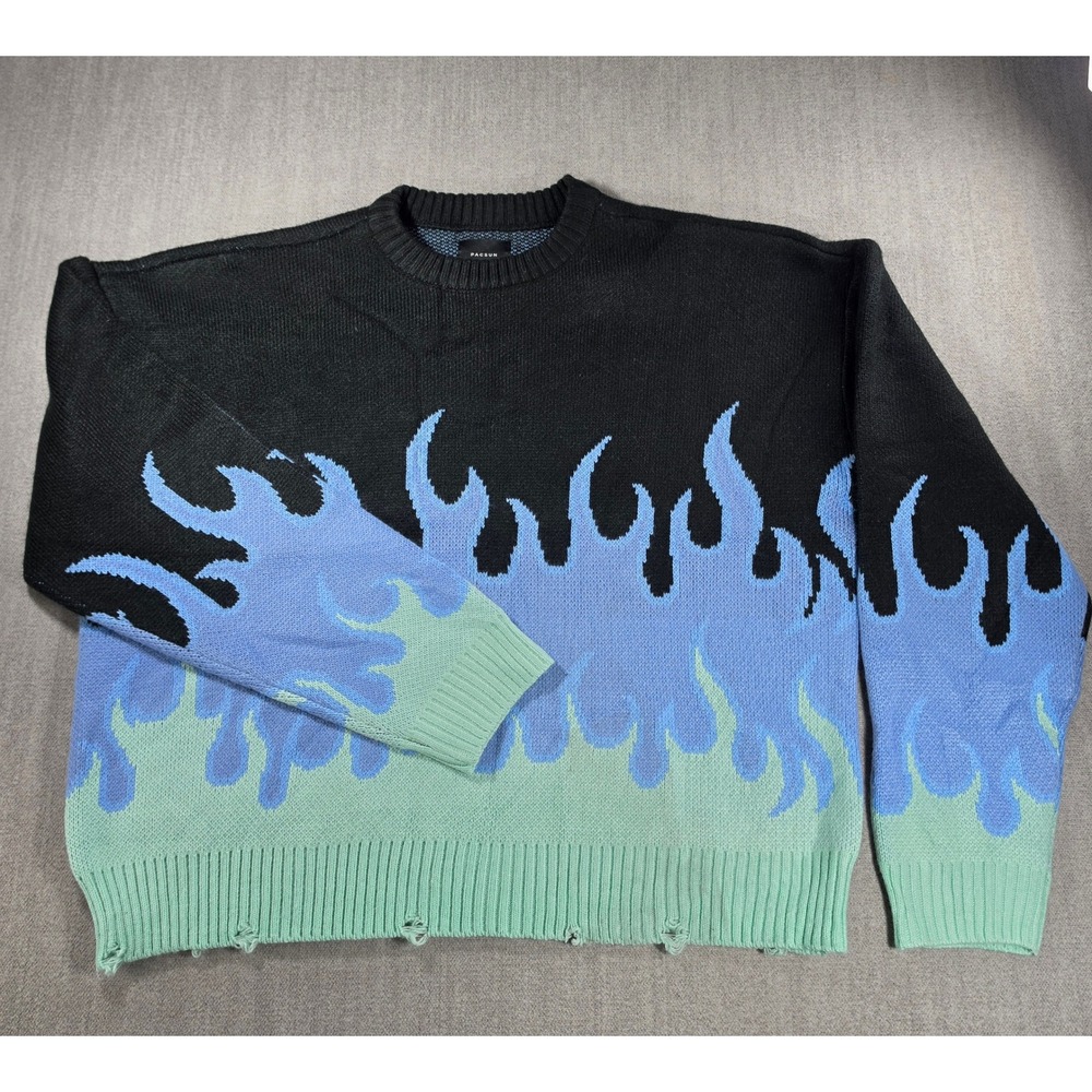 PacSun Sweater Mens XL Black Blue Green Flame Distressed Crewneck Knit FL-MECRW
